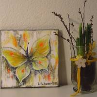 YELLOW BUTTERFLY - schickes Schmetterlingsbild auf Leinwand  20cmx20cm mit goldfarbigen Effekten - Künstlerin Christiane Bild 4