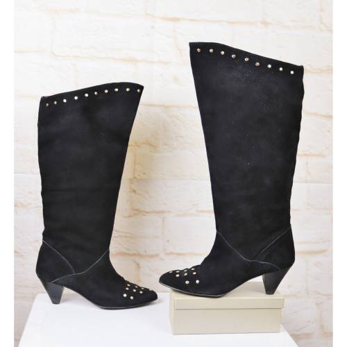 True Vintage 80er Jahre Leder Stiefel Bolero Größe 40 41 Schwarz Nieten Schaftstiefel
