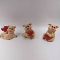 Allerliebstes knuffiges Schweinchen Trio auf ein rotes Herz gelehnt- für Geburtstag oder Valentinstag Bild 1