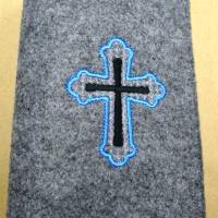 Gotteslobhülle Einband graumeliert Filz 3mm blau weiß Kreuz anthrazit Kommunion Name Datum Hülle Umschlag bestickt Bild 1