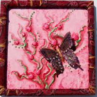Collage RETRO-SCHMETTERLING Acrylbild Malerei mit Acrylfarben im Shabby-Style handgefertigter Schmetterling aus Metall Bild 1
