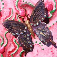 Collage RETRO-SCHMETTERLING Acrylbild Malerei mit Acrylfarben im Shabby-Style handgefertigter Schmetterling aus Metall Bild 2