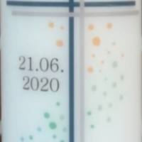 Taufkerze personalisiert mit Namen Datum und Taufspruch "Kreuz blau Punkte", Junge/ Mädchen Bild 2