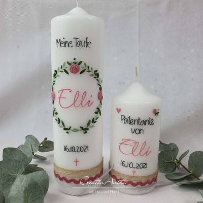 Taufkerze Blätterkranz & Patenkerze mit Rosen - Altrosa-Grün-Salbei-Eukalypthus-Natur