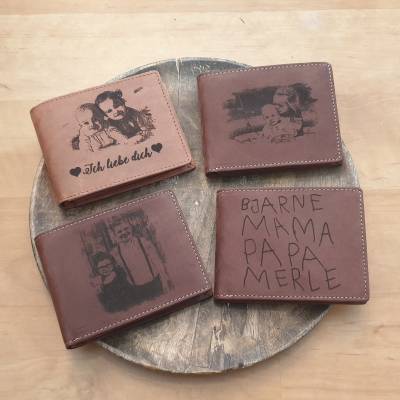 Gravierte Geldbörse Natur Leder Vintage Hellbraun oder Dunkelbraun - Geldbeutel / Portemonnaie / Brieftasche individuell