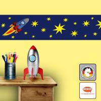 Kinderbordüre: Rakete mit gelben Sternen - optional selbstklebend - 18 cm Höhe Bild 1