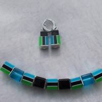 *Waterfall* II  Collier Kette Stahlband mit Glas - Perlen und passenden Ohrhänger in blau grün schwarz Bild 1