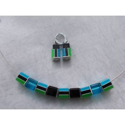 *Waterfall* II  Collier Kette Stahlband mit Glas - Perlen und passenden Ohrhänger in blau grün schwarz