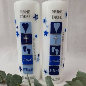 Taufkerze mit christlichen Symbolen in verschiedenen Blautönen - Zwillinge oder einzeln - personalisiert inkl. Aufbewahr Bild 1