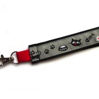 langes Schlüsselband "Katze und Maus" aus Baumwollstoff in schwarz rot grau mit Webband Katze Bild 3