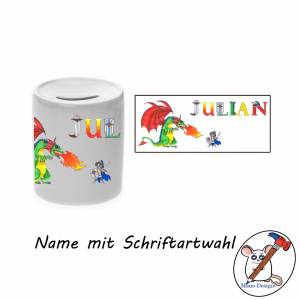 Spardose Motiv Ritter mit Name / Personalisierbar / Drache / Burg / Sparschwein / Sparbüchse Bild 2