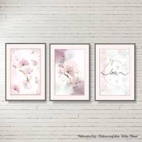 *LOVE FLOWERS...* 3er Set in Pastel Rosa Aquarell Handlettering Print Poster Kunstdruck Bild mit Spruch Spruch Geschenk Bild 1