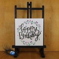 ►2021-0234◄ Klappkarte GEBURTSTAG "Happy Birthday + Blütenkranz" - Quadratisch, handgeschrieben, handgezeichnet Bild 1