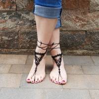Barfuß Sandalen Fußschmuck Fußkettchen Schwarz geknotet aus Baumwollgarn Bild 1