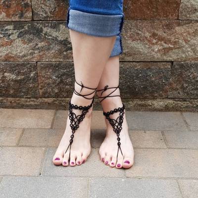 Barfuß Sandalen Fußschmuck Fußkettchen Schwarz geknotet aus Baumwollgarn