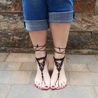 Barfuß Sandalen Fußschmuck Fußkettchen Schwarz geknotet aus Baumwollgarn Bild 3