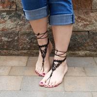 Barfuß Sandalen Fußschmuck Fußkettchen Schwarz geknotet aus Baumwollgarn Bild 4