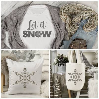 Schneegestöber PAKET - Zwei Schneekristalle und Schriftzug "Let it snow"