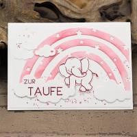 Glückwunschkarte zur Taufe mit Regenbogen-Motiv und Elefant, Babykarte Bild 1