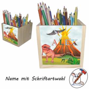 Dino Holz Stiftebox personalisiert z. B. Name Schriftartwahl | 10x10x10cm | Stiftehalter | Schreibtischorganizer Bild 2