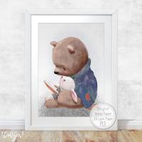 Kinderzimmer Poster [A3] Bär & Hase Babyzimmer Bilder Tiere Dekoration  | Fluffy Hugs Bild 1