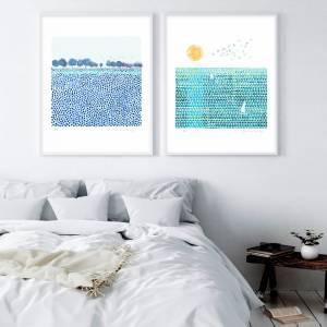 2 er Set Kunstdruck, abstrakter Landschaft Druck, Aquarell Blaue Wiese Kunstdruck, Aquarell Sonne und Meer Bild 1