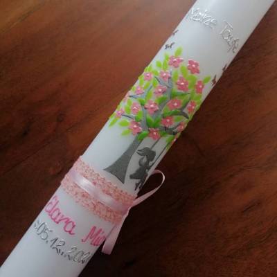 Taufkerze Kommunionkerze Kommunionskerze Mädchen Lebensbaum Baum Schaukel modern klassisch Farbwünsche möglich