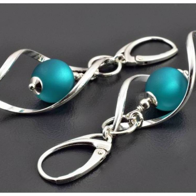 Ohrringe mit Polarisperle in Spirale, 925er Silber, Ohrhänger Sterling Silber, petrol, blau, türkis, silber