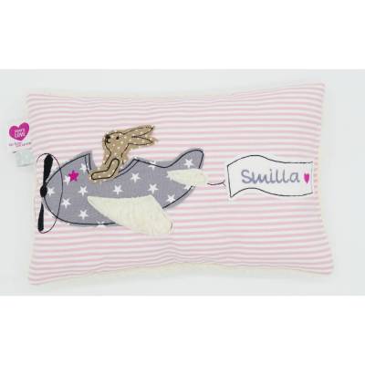 Hasenflugzeug Kuschelkissen Hase Hasenmädchen Wunschnamen Taufkissen Geburtskissen - Schmusekissen Kissen mit Namen