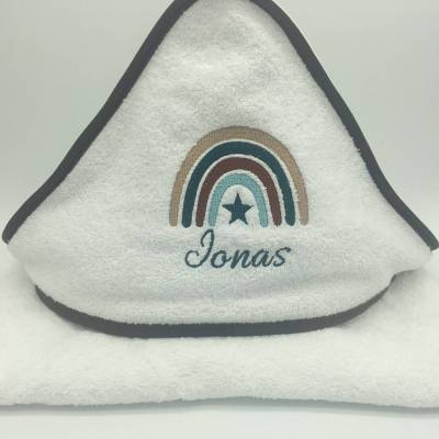 Kapuzenbadetuch Baby Kind Regenbogen personalisiert Mädchen Junge 4 Farben rosa grau mint weiß Kapuzenhandtuch 100x100