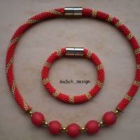 Häkelkette, gehäkeltes Perlencollier * Rotes Goldschätzchen Bild 5