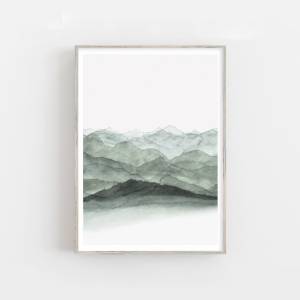 Aquarelldruck Berge in Grün, abstrakte Kunst für Küche, Wohnzimmer, Schlafzimmer, Arztpraxis oder Wartezimmer Bild 1