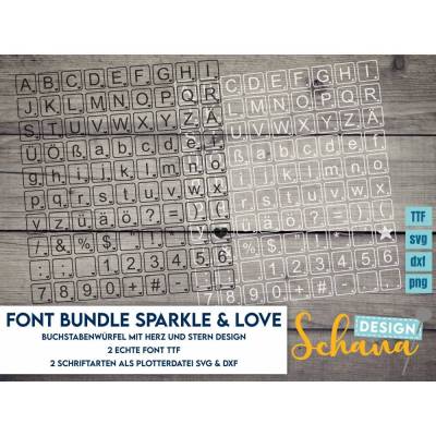 Schriftart plotten SVG Buchstabenwürfel mit Herz und Stern Font TTF Kreuzworträtsel Design Plottbarer Font DXF