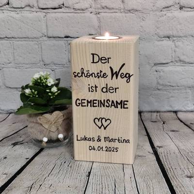 Zur Hochzeit Teelicht Holz Block Der schönste Weg ist der Gemeinsame mit Name und Datum