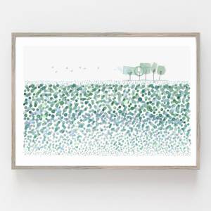 Aquarelldruck Wiese mit Baum in Grün, abstrakte Kunst für Küche, Wohnzimmer, Schlafzimmer, Arztpraxis oder Wartezimmer Bild 1
