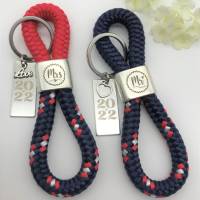 2 Schlüsselanhänger aus Segelseil/Segeltau, Mr. und Mrs., Hochzeitsgeschenk, dunkelblau/rot/weiß Bild 1