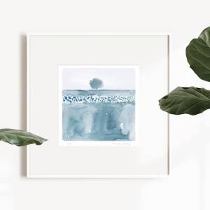 Aquarelldruck Wiese mit Baum in Blau, abstrakte Kunst für Küche, Wohnzimmer, Schlafzimmer, Arztpraxis oder Wartezimmer Bild 1