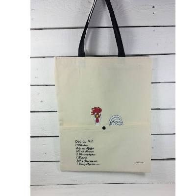 Einkaufstasche mit Hahn, mit Rezept...., Segeltuchtasche bestickt, für Feinschmecker,