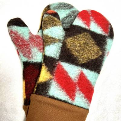 fröhliche Handschuhe, Fäustlinge aus buntem Wollwalk, mit Bündchen und Innenfutter aus hellbraunem BIO-Baumwolljersey