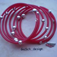 Armreifen * Spiralarmband * PVC Schlauch und Metallicperlen, rot mit silberfarben Bild 1