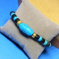 Armband, Freundschaftsband, türkisblau, schwarz, gold, aus Keramikperlen geknüpft, Armschmuck Bild 1