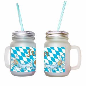 Henkelglas bayrisch blau oder lila mit Name / Lausbua oder Herzmadl /Mason Jar Sommerglas mit Deckel und Mehrweg-Trinkha Bild 1