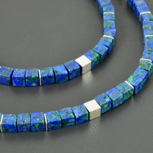 Würfel-Kette aus Azurit-Malachit, 925er Silber, Edelsteinkette, blau, grün, eckig, Würfel, Geschenk Bild 1
