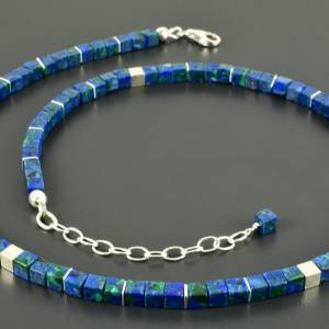 Würfel-Kette aus Azurit-Malachit, 925er Silber, Edelsteinkette, blau, grün, eckig, Würfel, Geschenk Bild 2