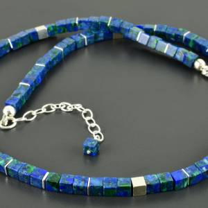 Würfel-Kette aus Azurit-Malachit, 925er Silber, Edelsteinkette, blau, grün, eckig, Würfel, Geschenk Bild 3
