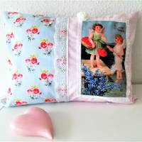 Kissenhülle "My sweet Valentine" Shabby Chic Stil, blau-rosa mit Rosenmuster und Spitze, 40x30cm Bild 2