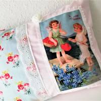 Kissenhülle "My sweet Valentine" Shabby Chic Stil, blau-rosa mit Rosenmuster und Spitze, 40x30cm Bild 4