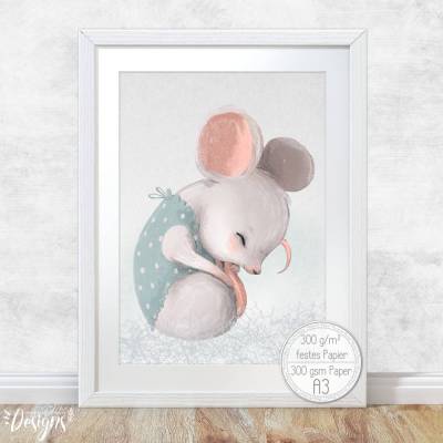 Babyzimmer Bilder [A3] Kinder-Zimmer-Bild Tiere Maus Poster  | Fluffy Hugs