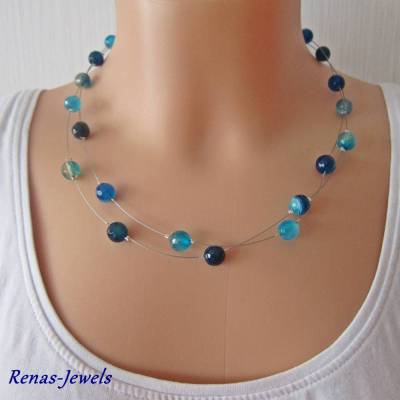 Zweireihige Edelsteinkette aus blauem Achat & Silber – Handgefertigte Achatkette, 45,5 cm, 24 g