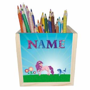Pony Holz Stiftebox personalisiert z. B. Name Schriftartwahl | 10x10x10cm | Stiftehalter | Schreibtischorganizer Bild 1